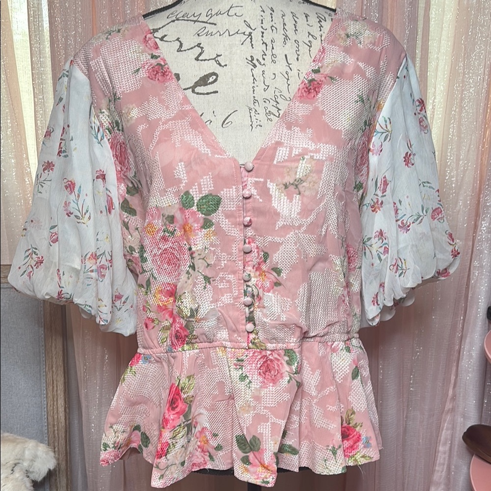 HEMANT & NANDITA Pink Peplum Blouse with Bell Sleeves